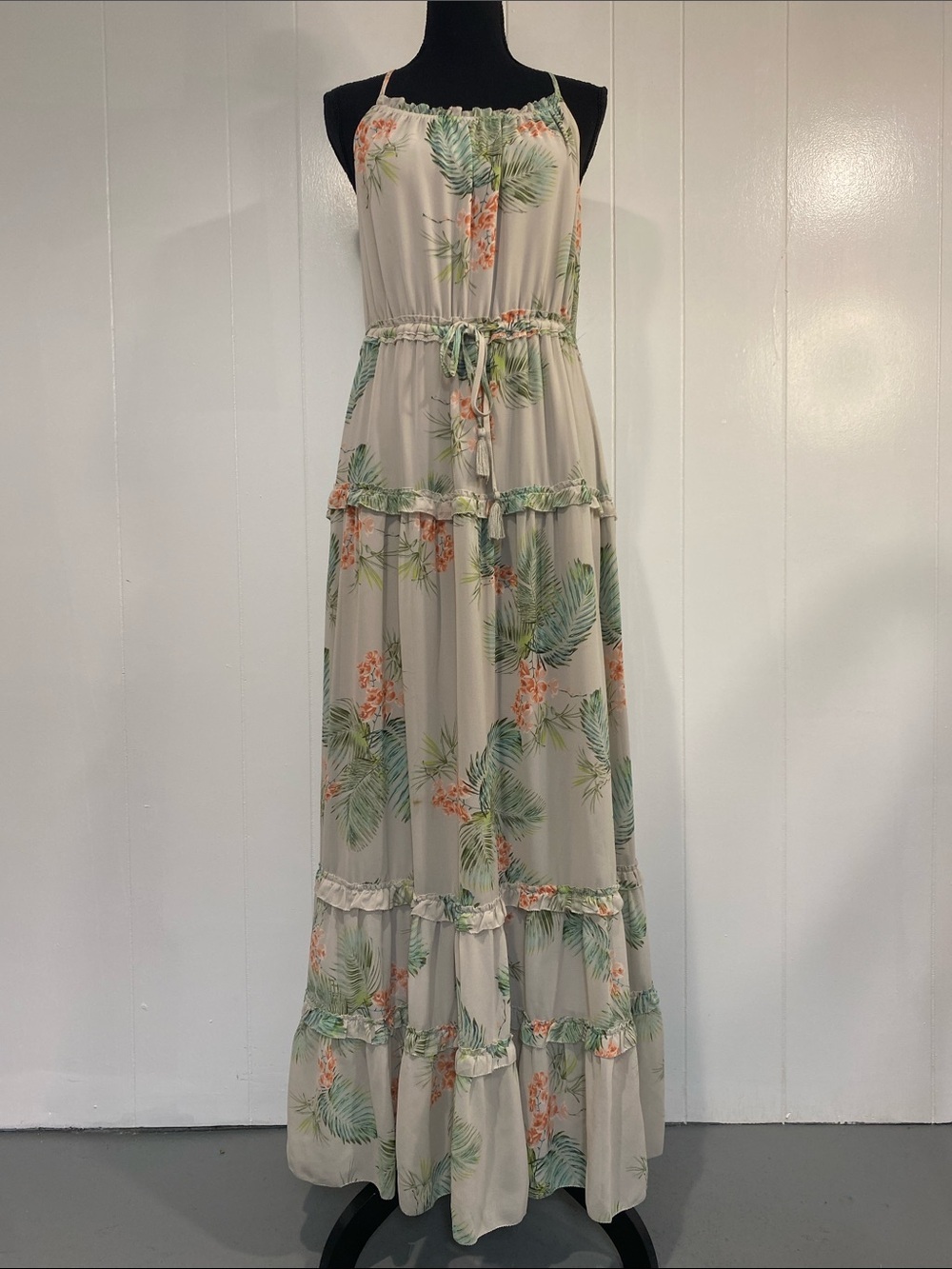 Floral Tiered Maxi Dress Romantic Resort Boho Tropical Flowy Island Chic Medium - Picture 3 of 14